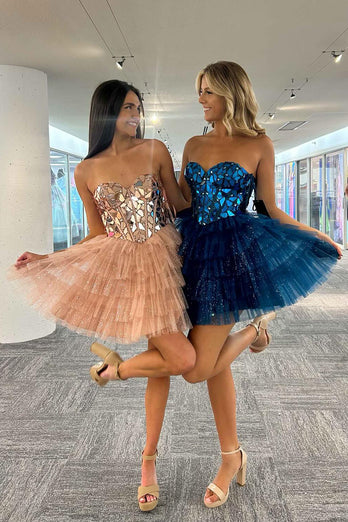 Sparkly Champagne A-Line Sweetheart Mirror Tiered Short Homecoming Dress