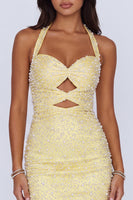 Load image into Gallery viewer, Sparkly Butter Yellow Halter Keyhole Tight Short Homecoming Dress with Pearls