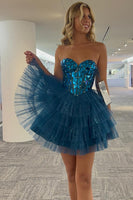 Load image into Gallery viewer, Sparkly Turquoise A-Line Sweetheart Mirror Tiered Short Homecoming Dress