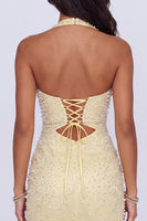 Load image into Gallery viewer, Sparkly Butter Yellow Halter Keyhole Tight Short Homecoming Dress with Pearls