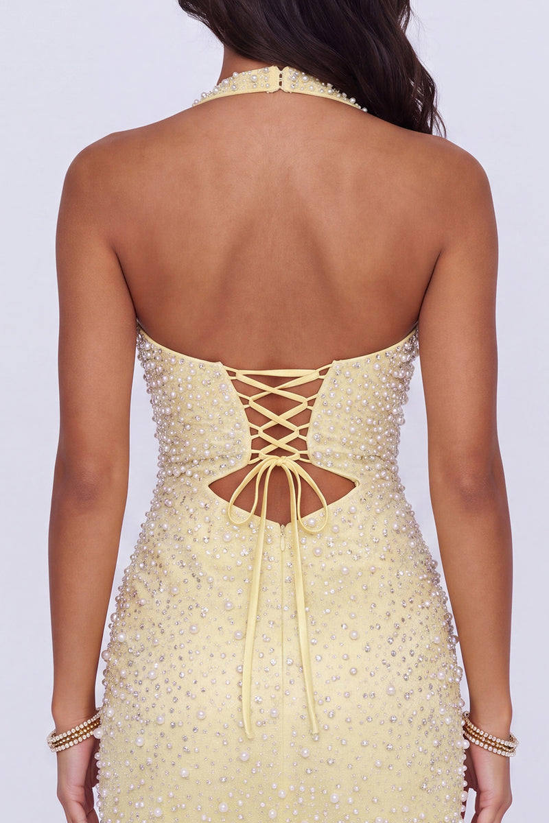 Load image into Gallery viewer, Sparkly Butter Yellow Halter Keyhole Tight Short Homecoming Dress with Pearls