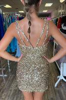 Load image into Gallery viewer, Sparkly Golden Spaghetti Straps Sequined Homecoming Dress