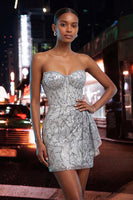 Load image into Gallery viewer, Silver Sparkly Sequin Ruched Tight Short Corset Homecoming Dress