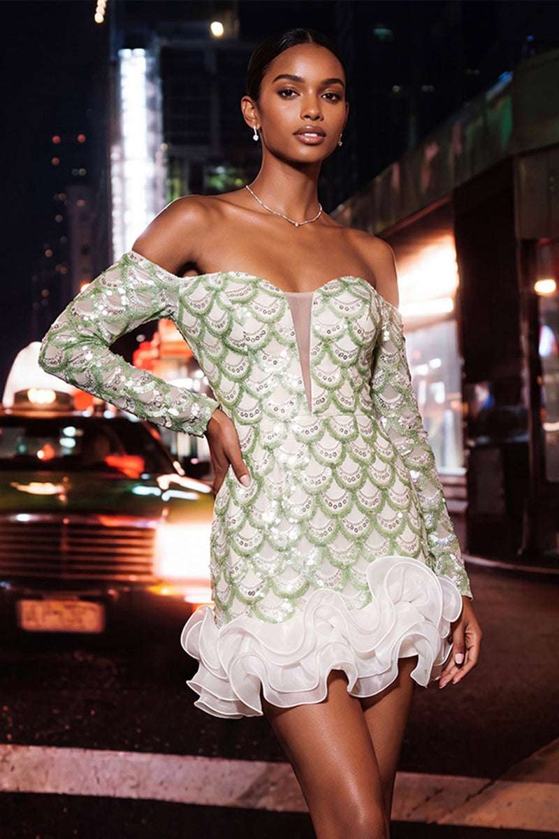 Load image into Gallery viewer, Sparkly Green Ruffled  Long Sleeves Tight Sequin Short Homecoming Dress
