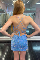 Load image into Gallery viewer, Sparkly Blue Spaghetti Straps Tight Short Homecoming Dress with Sequins