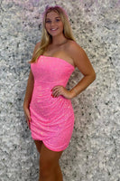 Load image into Gallery viewer, Sparkly Pink Strapless Bodycon Ruched Homecoming Dress with Sequins