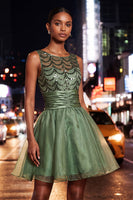 Load image into Gallery viewer, Sparkly Dark Green Sequin Ruched A-Line Short Homecoming Dress