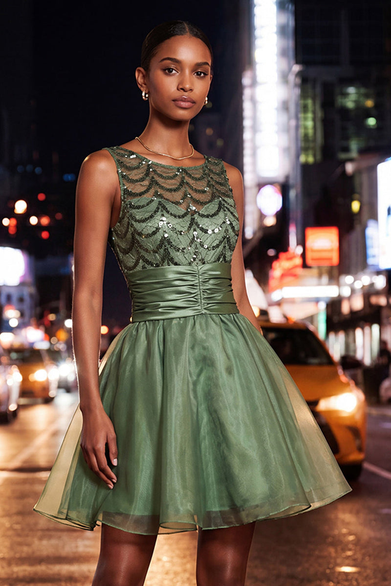 Load image into Gallery viewer, Sparkly Dark Green Sequin Ruched A-Line Short Homecoming Dress
