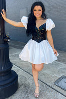 Load image into Gallery viewer, A-Line White Mirror Homecoming Dress with Puff Sleeves