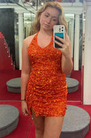 Load image into Gallery viewer, Sparkly Dark Green Halter Bodycon Homecoming Dress with Sequins