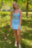 Load image into Gallery viewer, Sparkly Blue Spaghetti Straps Corset Sequined Homecoming Dress with Feathers