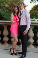 Load image into Gallery viewer, Sparkly Fuchsia One Shoulder Cut Out Homecoming Dress with Fringen