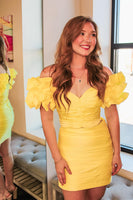 Load image into Gallery viewer, Yellow Off The Shoulder Bodycon Homecoming Dress with Puff Sleeves