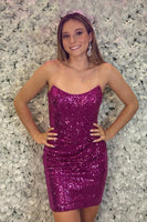 Load image into Gallery viewer, Sparkly Fuchsia Bateau Neck Bodycon Homecoming Dress with Sequins