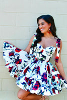 Load image into Gallery viewer, A-Line White&amp;Red Pleated Homecoming Dress with Printed Flower