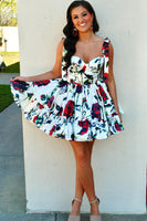 Load image into Gallery viewer, A-Line White&amp;Red Pleated Homecoming Dress with Printed Flower