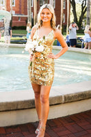 Load image into Gallery viewer, Sparkly Golden Spaghetti Straps Tight Mirror Homecoming Dress