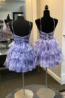 Load image into Gallery viewer, A-Line Spagehtti Straps Blue Tiered Homecoming Dress with Floral Printed