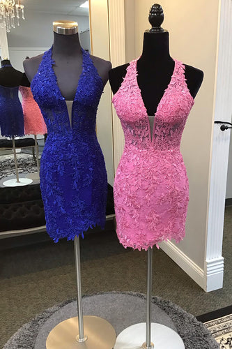 Pink Halter Bodycon Short Homecoming Dress with Lace