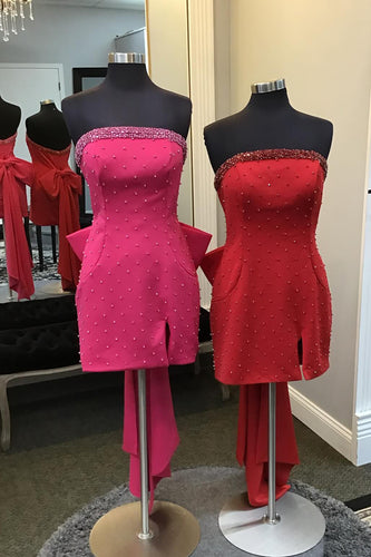 Bodycon Fuchsia Strapless Beaded Homecoming Dress with Bow