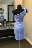 Load image into Gallery viewer, Sparkly Blue One Shoulder Bodycon Homecoming Dress with Ruffles