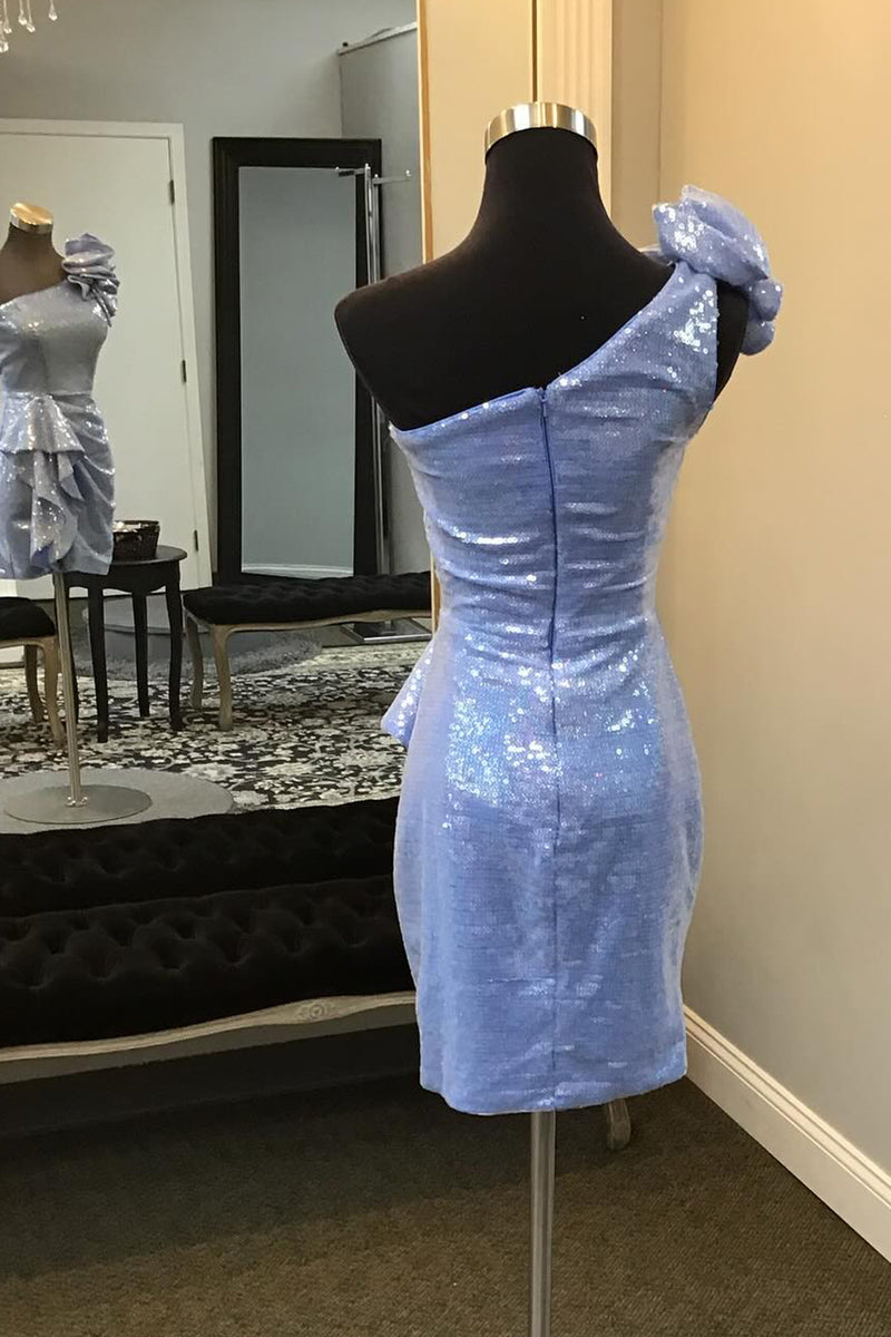 Load image into Gallery viewer, Sparkly Blue One Shoulder Bodycon Homecoming Dress with Ruffles