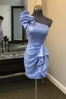 Load image into Gallery viewer, Sparkly Blue One Shoulder Bodycon Homecoming Dress with Ruffles
