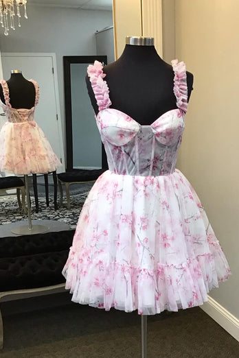 A-Line Blue Spaghetti Straps Corset Homecoming Dress with Floral Printed