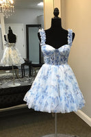 Load image into Gallery viewer, A-Line Blue Spaghetti Straps Corset Homecoming Dress with Floral Printed