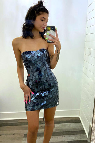 Navy Strapless Bodycon Mirror Short Homecoming Dress