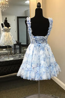 Load image into Gallery viewer, A-Line Blue Spaghetti Straps Corset Homecoming Dress with Floral Printed