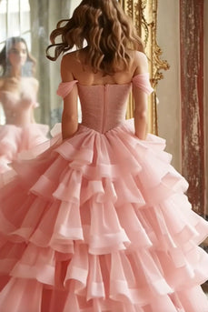 Pink Ball Gown A Line Tulle Off the Shoulder Tiered Long Quinceanera Dress with Ruffles