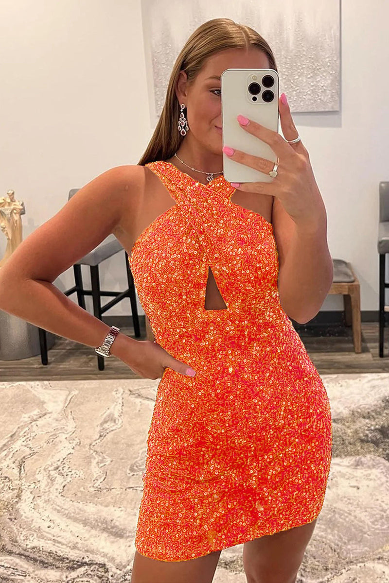 Load image into Gallery viewer, Halter Fuchsia Sleeveless Homecoming Dress with Sequins