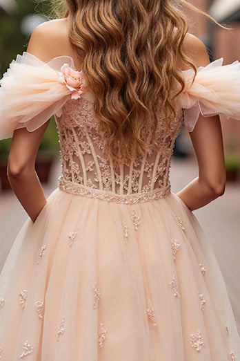 Floral Champagne Short Ruffled Corset Homecoming Dress with Lace