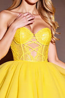 Load image into Gallery viewer, Yellow Corset Sweetheart Short Tulle Homecoming Dress with Lace