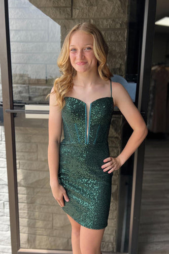 Sparkly Dark Green Spaghetti Straps Corset Homecoming Dress with Sequins