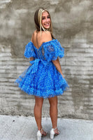 Load image into Gallery viewer, A-Line Blue Off The Shoulder Corset Homecoming Dress with Sleeves