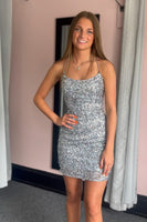 Load image into Gallery viewer, Sparkly Fuchsia Spaghetti Straps Sequined Tight Homecoming Dress