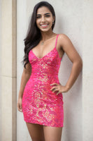 Load image into Gallery viewer, Bodycon Spaghetti Straps Deep V Neck Fuchsia Short Homecoming Dress