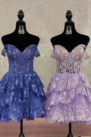 Sparkly A Line Off the Shoulder Lilac Corset Homecoming Dress with Tiered Lace