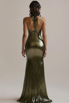 Olive Metallic Mermaid Long Evening Dress with Slit