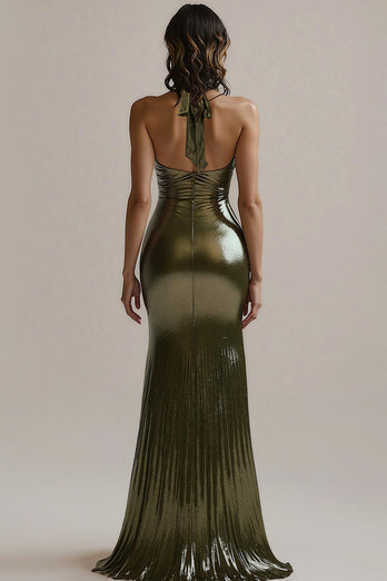 Olive Metallic Mermaid Long Evening Dress with Slit
