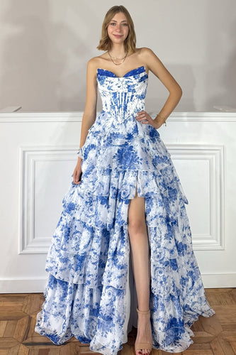 Floral White and Blue A Line Tiered Strapless Long Prom Dress with Ruffles