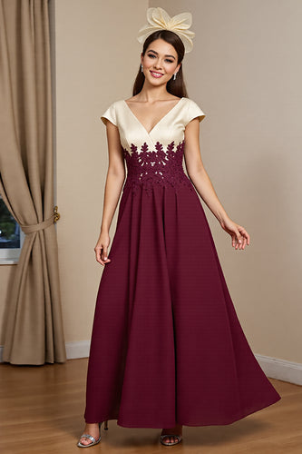 Burgundy Satin A Line Long Mother of the Bride Dress with Appliques