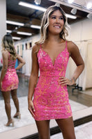 Load image into Gallery viewer, Fuchsia Spaghetti Straps Bodycon Homecoming Dress with Sequins