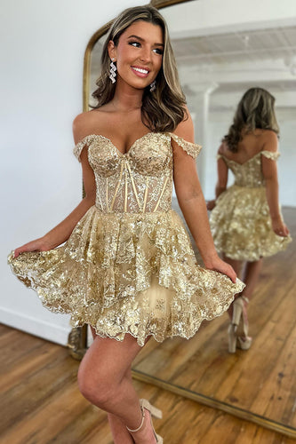 A Line Golden Off the Shoulder Corset Homecoming Dress with Lace