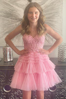 Load image into Gallery viewer, A-Line Sweetheart Pink Corset Short Homecoming Dress with Lace