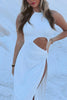 Load image into Gallery viewer, White Sheath Cut Out Halter Ruched Long Prom Dress with Slit