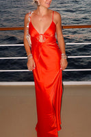 Load image into Gallery viewer, Red Satin Sheath Spaghetti Straps Long Wedding Guest Dress