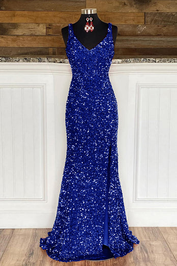 Sheath Spaghetti Straps Dark Green Sequins Prom Dress with Split Front